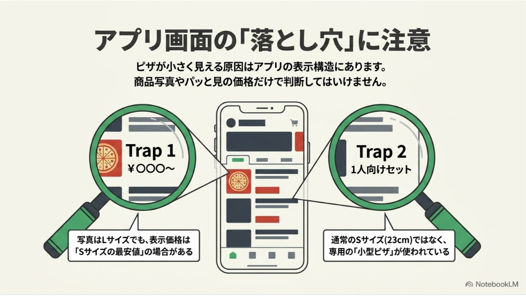 商品写真と表示価格のサイズが一致しない場合や、1人向けセットに通常のSサイズより小さい専用ピザが使われる場合を示す図