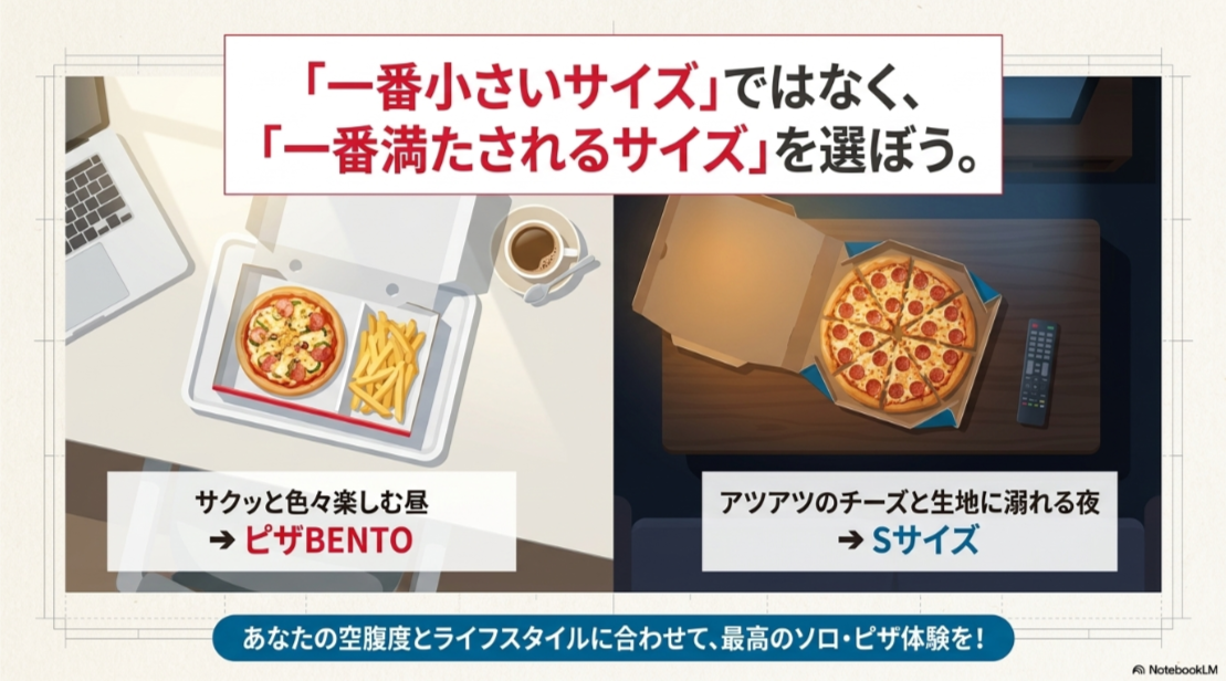 昼の軽いランチにはピザBENTO、夜にピザをしっかり楽しむならSサイズを選ぶ場面比較