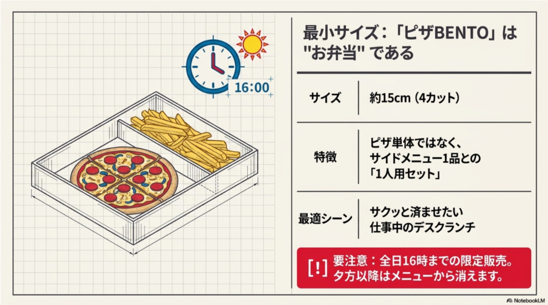 直径約15cm・4カットのピザとサイド1品が入ったピザBENTOを示す図、販売は16時まで