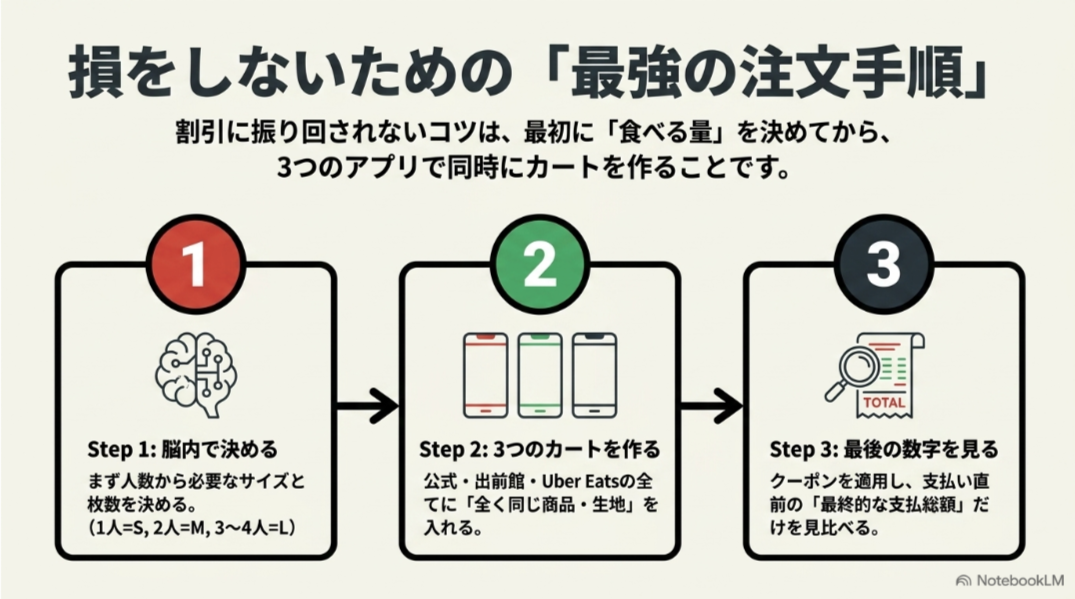 必要なサイズと枚数を決め、公式・出前館・Uber Eatsに同じ商品を入れ、クーポン適用後の支払総額を比較する3ステップ