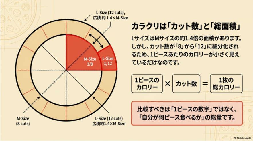 ドミノピザのMサイズ8カットとLサイズ12カットを比較し、1ピースのカロリーと1枚の総カロリーの違いを説明した図