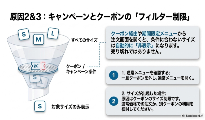 通常メニューのS・M・Lから、クーポンやキャンペーン条件に合うSサイズだけが表示されるフィルター制限と確認手順