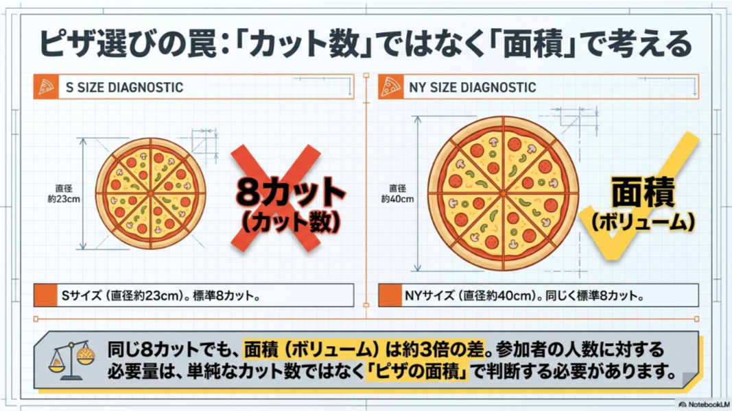 ドミノピザのSサイズ約23cmとニューヨークスタイル約40cmを比較し、同じ8カットでも面積が約3倍違うことを示した図