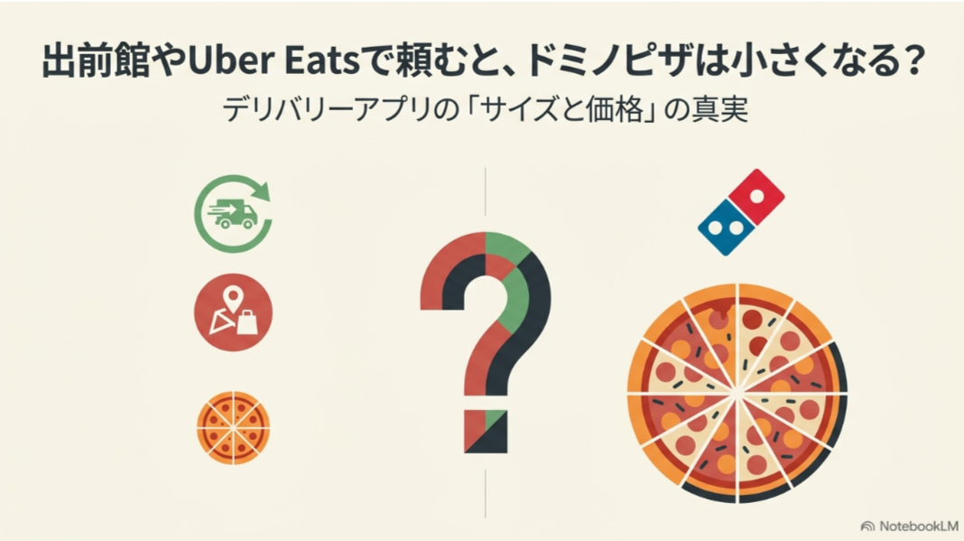 出前館やUber Eatsで注文するとドミノピザのサイズが小さくなるのかを問いかける解説画像