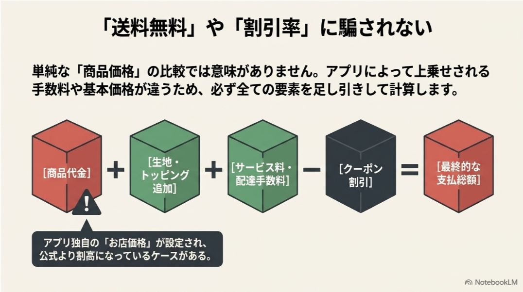 商品代金、生地やトッピング料金、サービス料、配達手数料を足し、クーポン割引を引いて最終支払総額を求める図