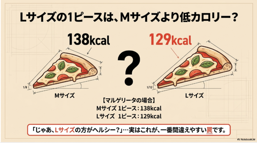 ドミノピザのマルゲリータでMサイズ1ピース138kcal、Lサイズ1ピース129kcalと表示される違いを示した比較図