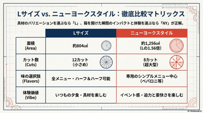 ドミノピザLサイズとニューヨークスタイルの面積、カット数、味の選択肢、体験価値を比較した表