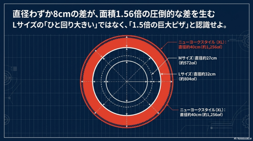 ドミノピザLサイズ32cmとニューヨークスタイル40cmの面積差を円で比較した図解