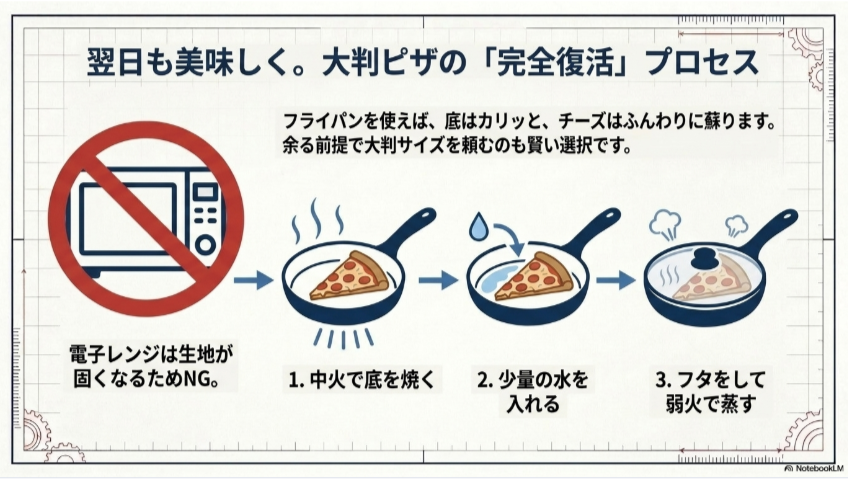 残ったドミノピザの大判ピザを電子レンジではなくフライパンで温め直す手順を示した図解