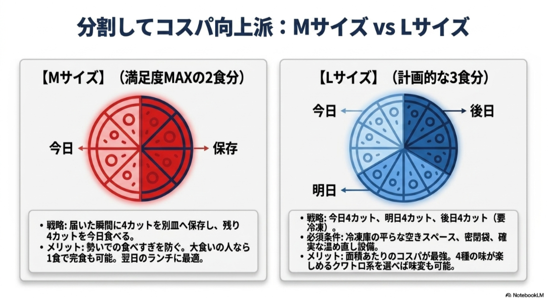 ドミノピザのMサイズを2食、Lサイズを3食に分けて保存する一人注文の食べ方比較