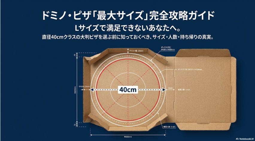 ドミノピザの直径40cmクラス大判ピザの箱サイズと人数目安を図解した表紙スライド