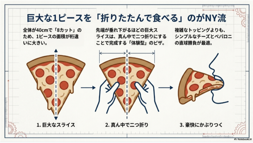 ドミノピザの大きな1ピースを真ん中で折りたたんで食べるNY風スタイルの説明図
