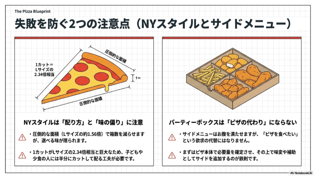 ニューヨークスタイルは1カットがLサイズ約2.34カット分と大きく、パーティーボックスはピザの代わりにならないことを示した注意図