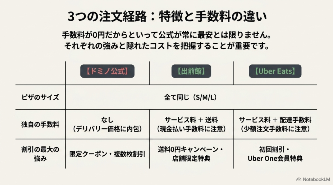 ドミノピザ公式、出前館、Uber Eatsについて、サイズ、手数料、クーポンや割引の特徴を比較した表