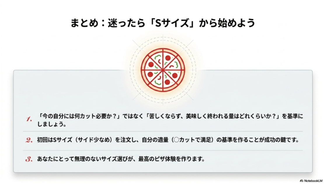 初めて1人でドミノピザを注文する場合はSサイズから試し、苦しくならず食べ切れる量を基準にするまとめ図