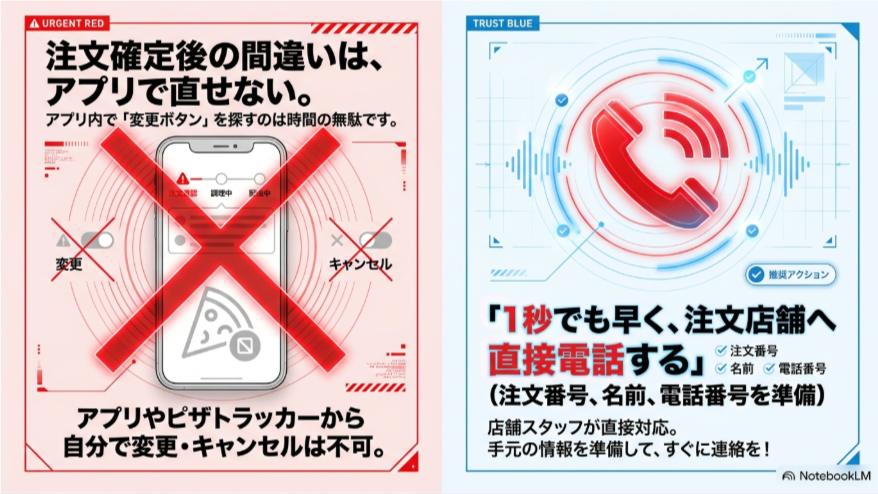 注文確定後はアプリで変更できず、注文番号、名前、電話番号を用意して注文店舗へ直接電話する対処法