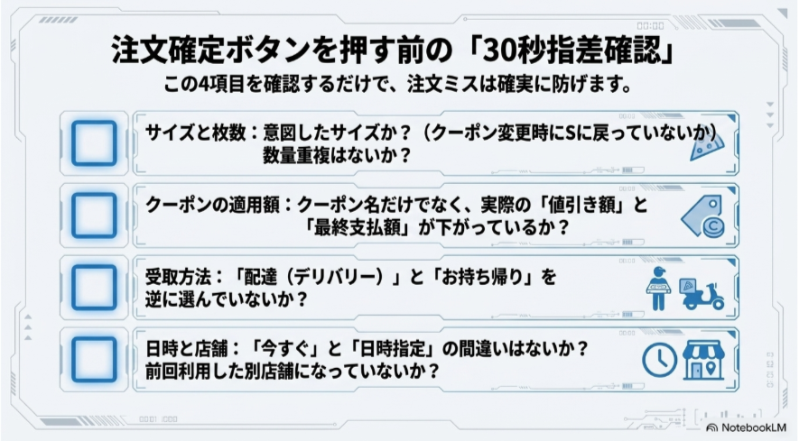 注文確定前にサイズと枚数、クーポンの適用額、受取方法、日時と店舗を確認する30秒チェックリスト