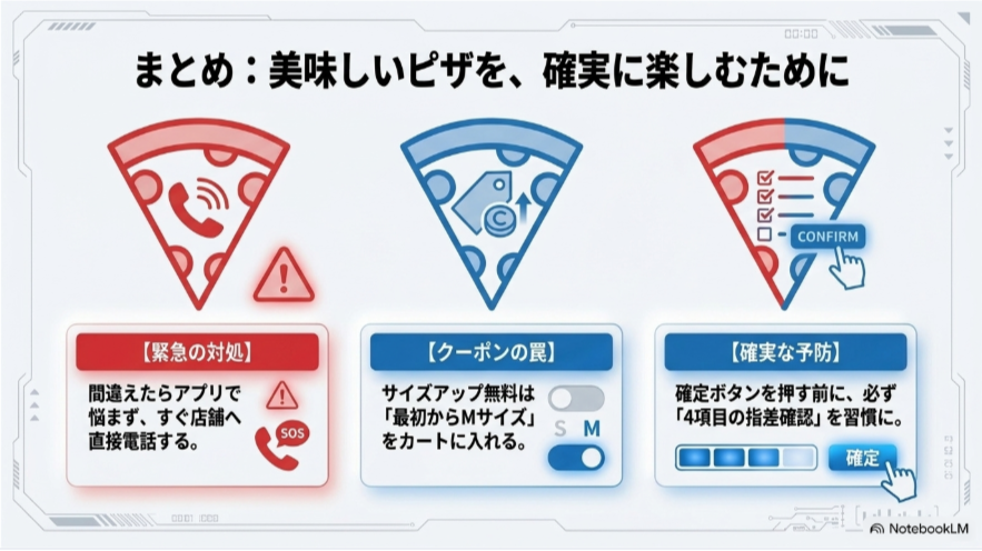 注文ミス時の店舗への電話、無料サイズアップでのMサイズ選択、注文確定前の確認事項をまとめた図