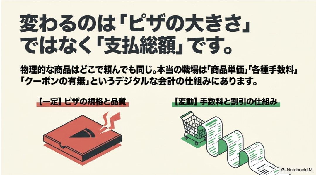 ドミノピザのサイズや品質は注文経路で変わらず、商品価格、手数料、クーポンによって支払総額が変わることを示す図