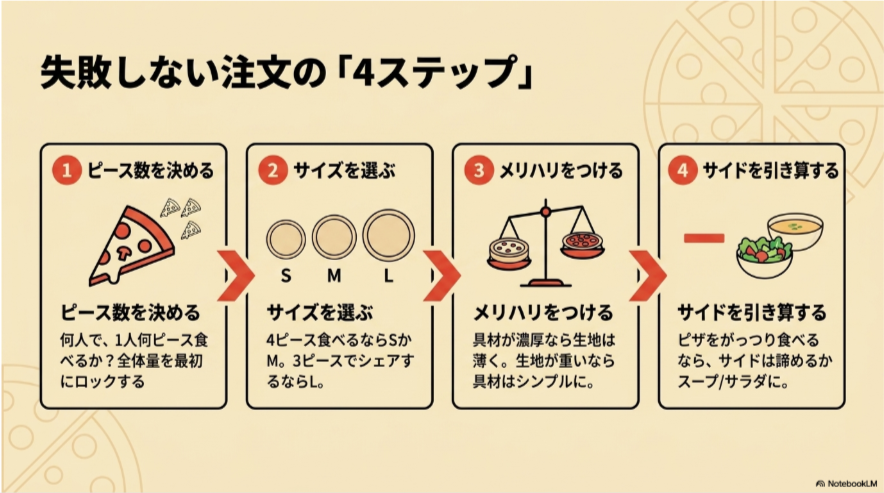 ドミノピザを注文するときに、食べるピース数、サイズ、具材と生地のメリハリ、サイドメニューを順番に決める4ステップ