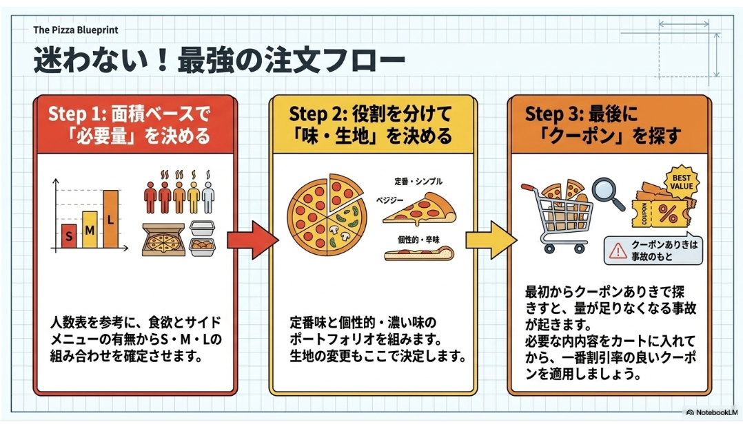 ドミノピザの注文を、面積から必要量を決め、味と生地を選び、最後にクーポンを比較する3段階で示した図