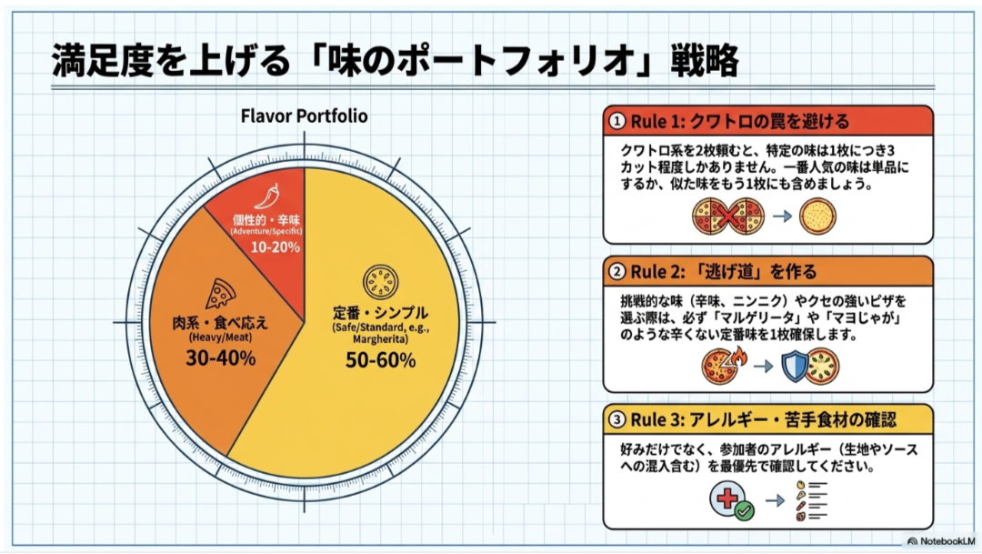 定番でシンプルな味を50~60%、肉系を30~40%、辛味や個性派を10~20%として、クワトロの重複やアレルギーにも配慮する選び方