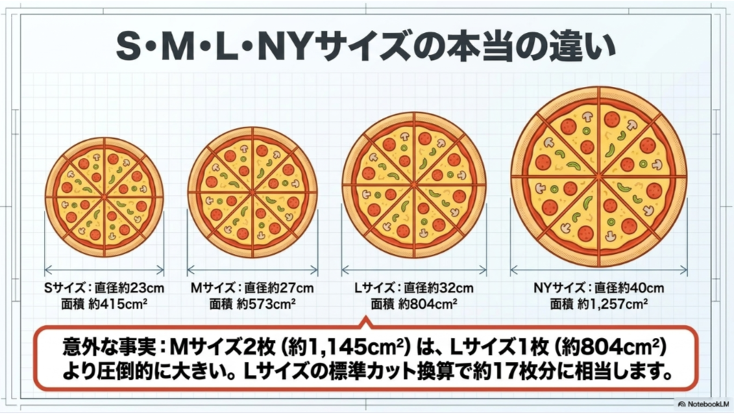 ドミノピザのS・M・L・ニューヨークスタイルの直径と面積を並べ、Mサイズ2枚がLサイズ1枚より大きいことを示した比較図