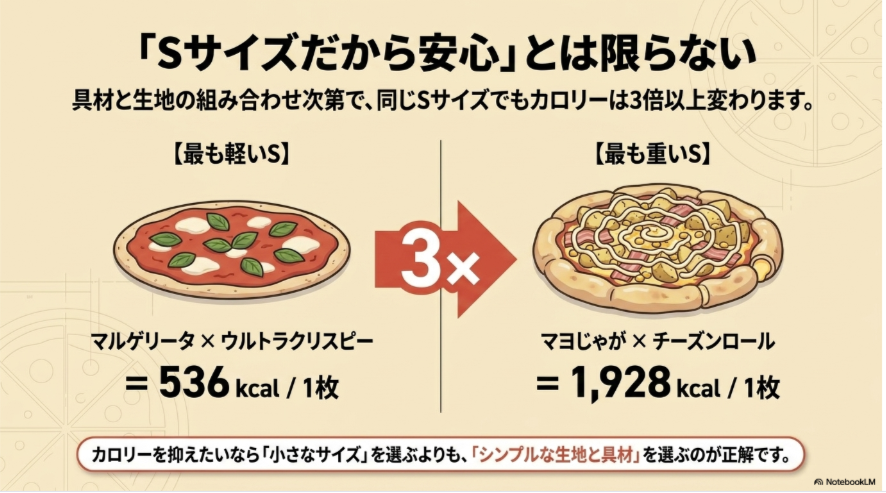 ドミノピザSサイズのマルゲリータ・ウルトラクリスピー536kcalと、マヨじゃが・チーズンロール1,928kcalを比較した図