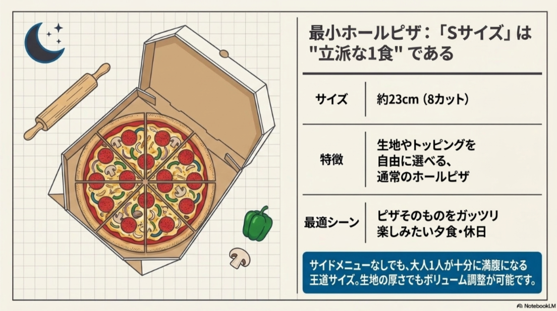 直径約23cm・8カットのドミノピザSサイズが1人の夕食や休日に向いていることを示した図