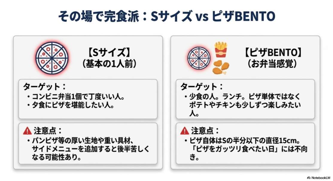 ドミノピザのSサイズとピザBENTOについて量、向いている人、注文時の注意点を比較した図