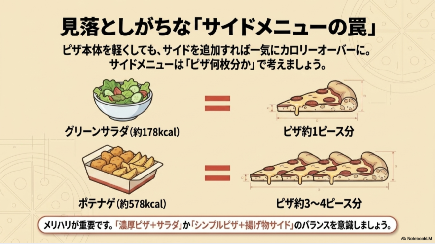 ドミノピザのグリーンサラダ約178kcalがピザ約1ピース分、ポテナゲ約578kcalがピザ約3～4ピース分に相当することを示した図