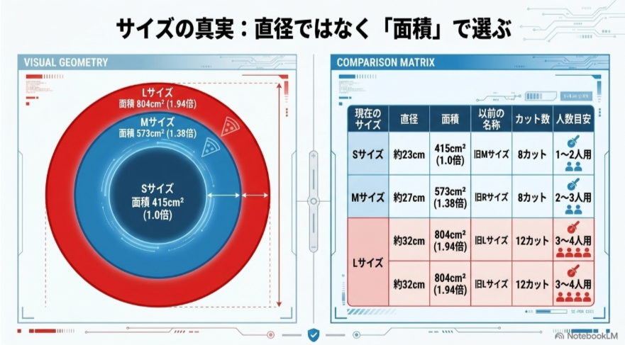 ドミノピザのS・M・Lサイズを直径、面積、旧名称、カット数、人数目安で比較した図