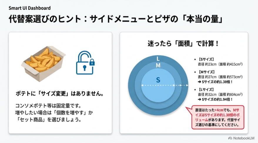 ポテトは固定量のため個数やセットで調整し、ピザはS・M・Lの直径と面積を比較して必要量を判断する方法