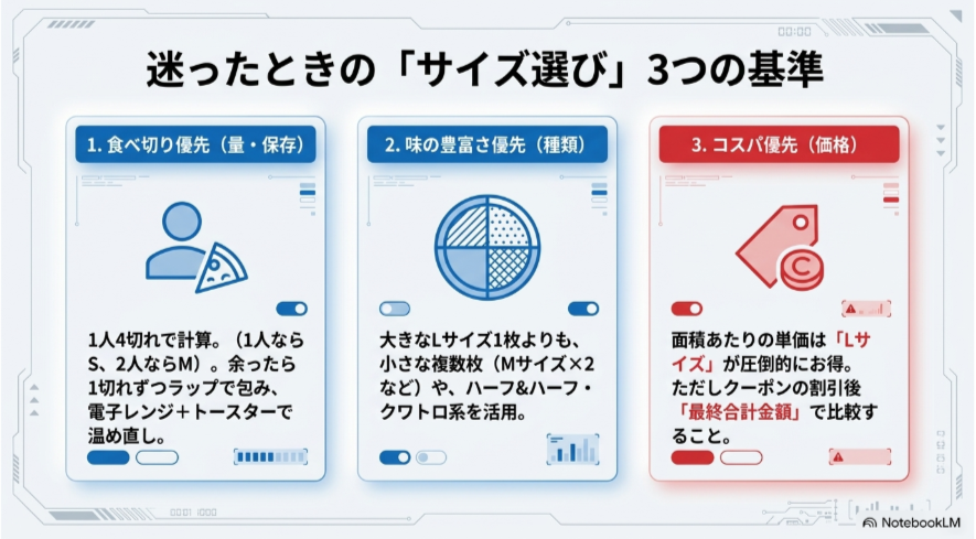 ドミノピザのサイズ選びを食べ切りやすさ、味の種類、価格の3つの基準で比較した図