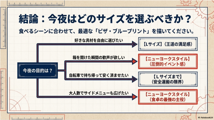 ドミノピザでLサイズかニューヨークスタイルかを目的別に選ぶための判断フローチャー