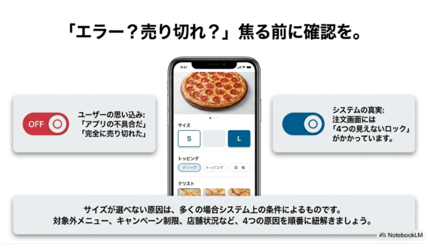 ドミノピザでサイズが選べない原因は不具合や売り切れだけでなく、対象メニューやキャンペーン、店舗状況などにあることを示す図