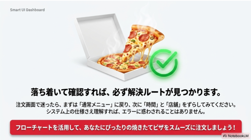 通常メニュー、受取時間、店舗の順に確認すれば、ドミノピザで希望サイズを選ぶための解決策が見つかることを伝えるまとめ