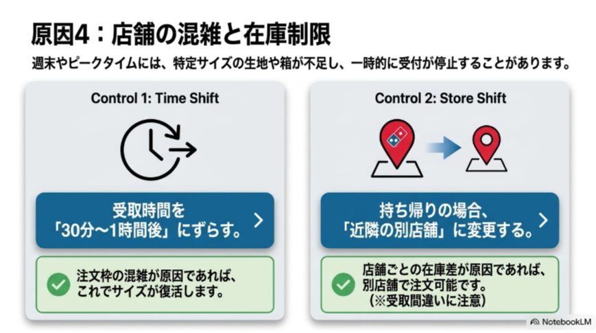 受取時間を30分から1時間後へ変更する方法と、持ち帰り店舗を近隣の別店舗へ変更する方法を示した図