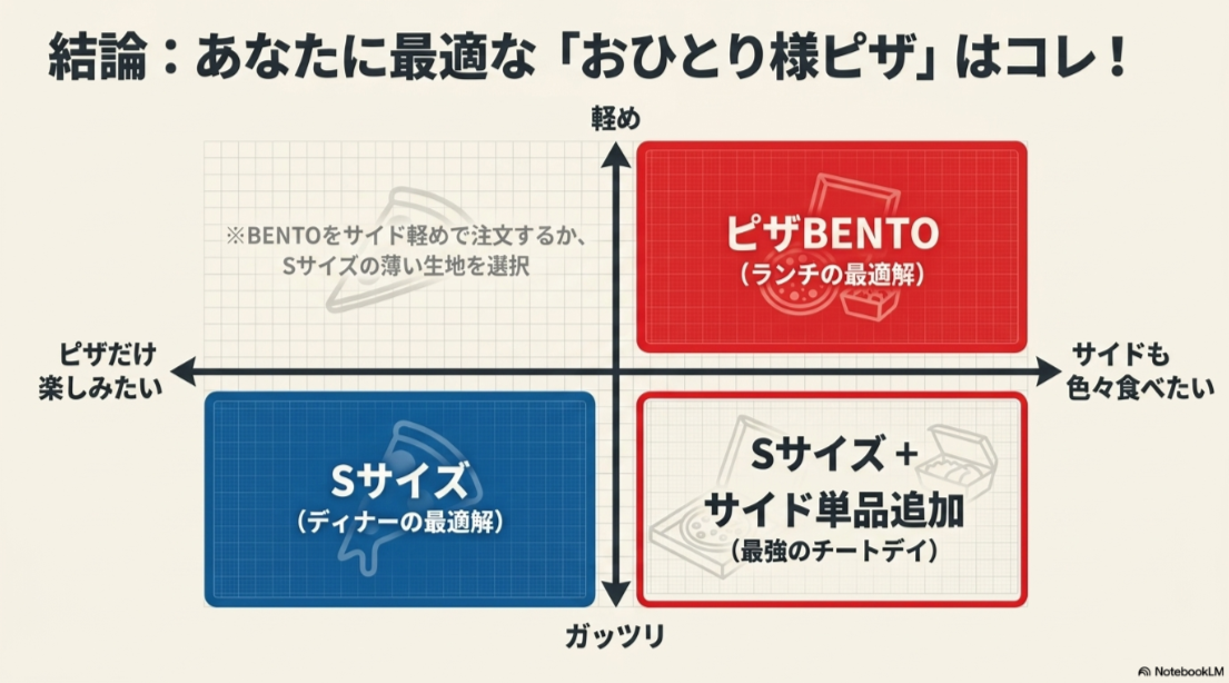 軽さと満腹感、ピザ重視とサイド重視の2軸でピザBENTO・Sサイズ・Sサイズとサイドを選ぶ図