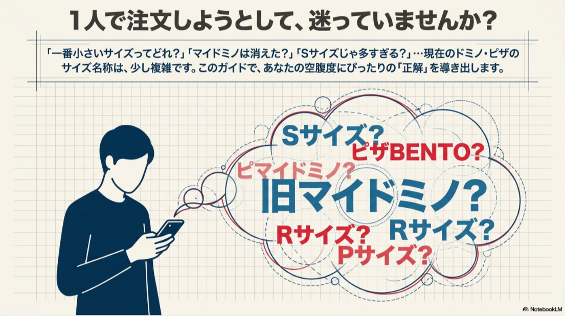 ドミノピザのSサイズ・ピザBENTO・旧マイドミノ・Rサイズ・Pサイズの違いに迷う人を示した図
