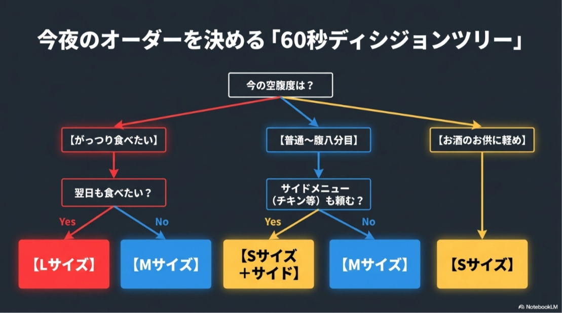 2人の空腹度とサイドメニューの有無からS・M・Lサイズを選ぶ判断フローチャート