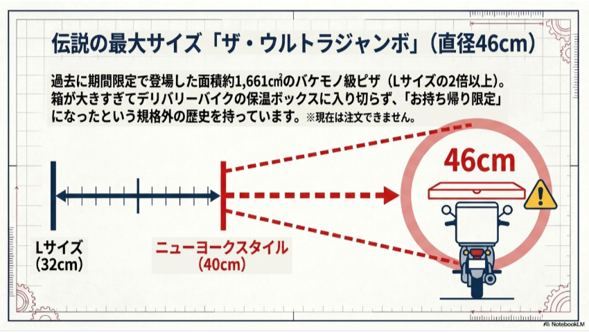 ドミノピザの過去商品ザ・ウルトラジャンボ46cmをLサイズや40cmサイズと比較した図解