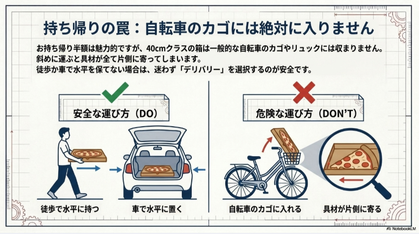 ドミノピザの40cmクラス大判ピザを徒歩や車で安全に運ぶ方法と自転車での危険な運び方を比較した図