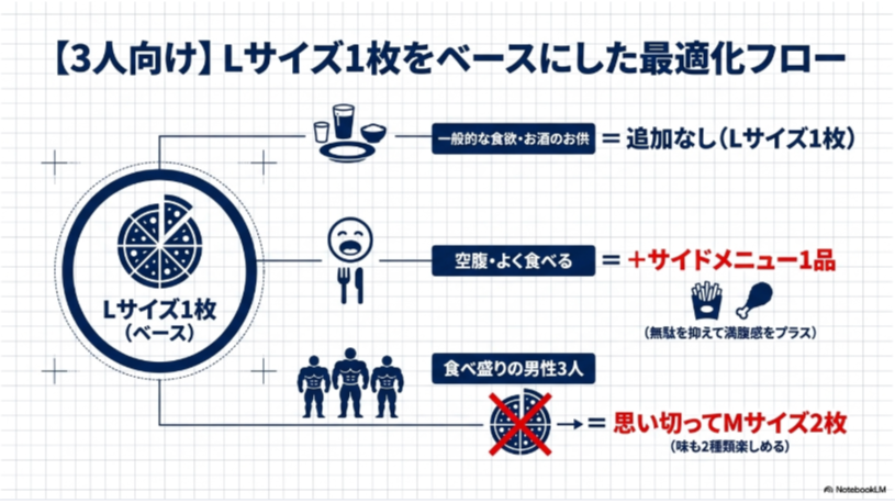 大人3人にはLサイズ1枚を基本とし、空腹ならサイドメニュー、食べ盛りの3人ならMサイズ2枚を検討する注文フロー