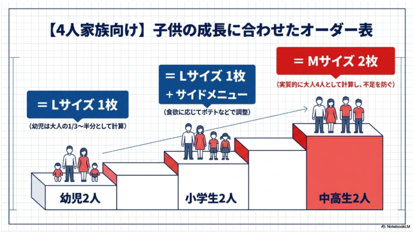 大人2人と幼児2人にはLサイズ1枚、小学生2人にはLサイズとサイド、中高生2人にはMサイズ2枚を目安とする図