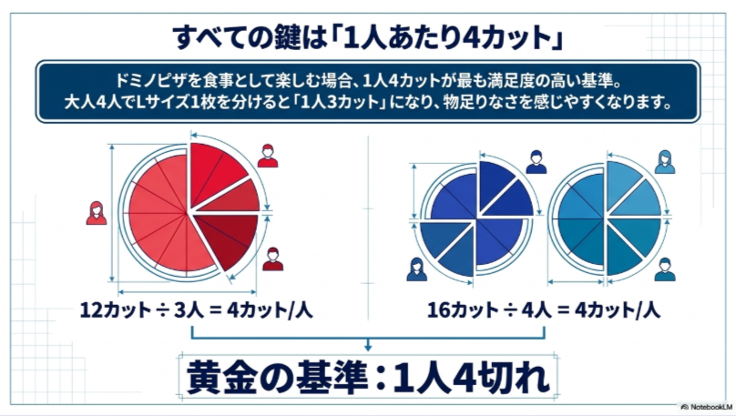Lサイズ12カットを3人で分ける場合とMサイズ2枚16カットを4人で分ける場合が、どちらも1人4カットになることを示した図