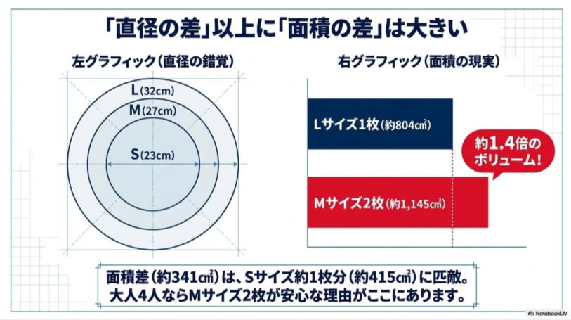 ドミノピザのS・M・Lサイズの直径と、Lサイズ1枚約804平方センチメートルに対してMサイズ2枚が約1,145平方センチメートルあることを示した比較図