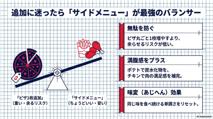 ピザをもう1枚追加する代わりに、ポテトやチキンなどのサイドメニューで量、満腹感、味の変化を調整する方法