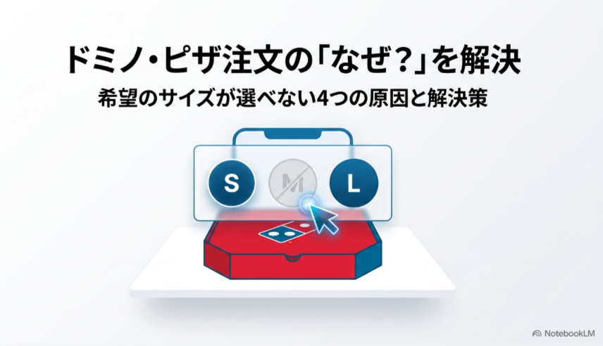 ドミノピザの注文画面でS・M・Lのうち希望サイズが選べない状態と、主な原因と解決策を示した案内