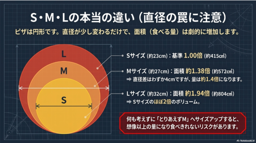 ドミノピザのSサイズ、Mサイズ、Lサイズを直径と面積比で比較し、サイズアップ時の量の違いを示したスライド